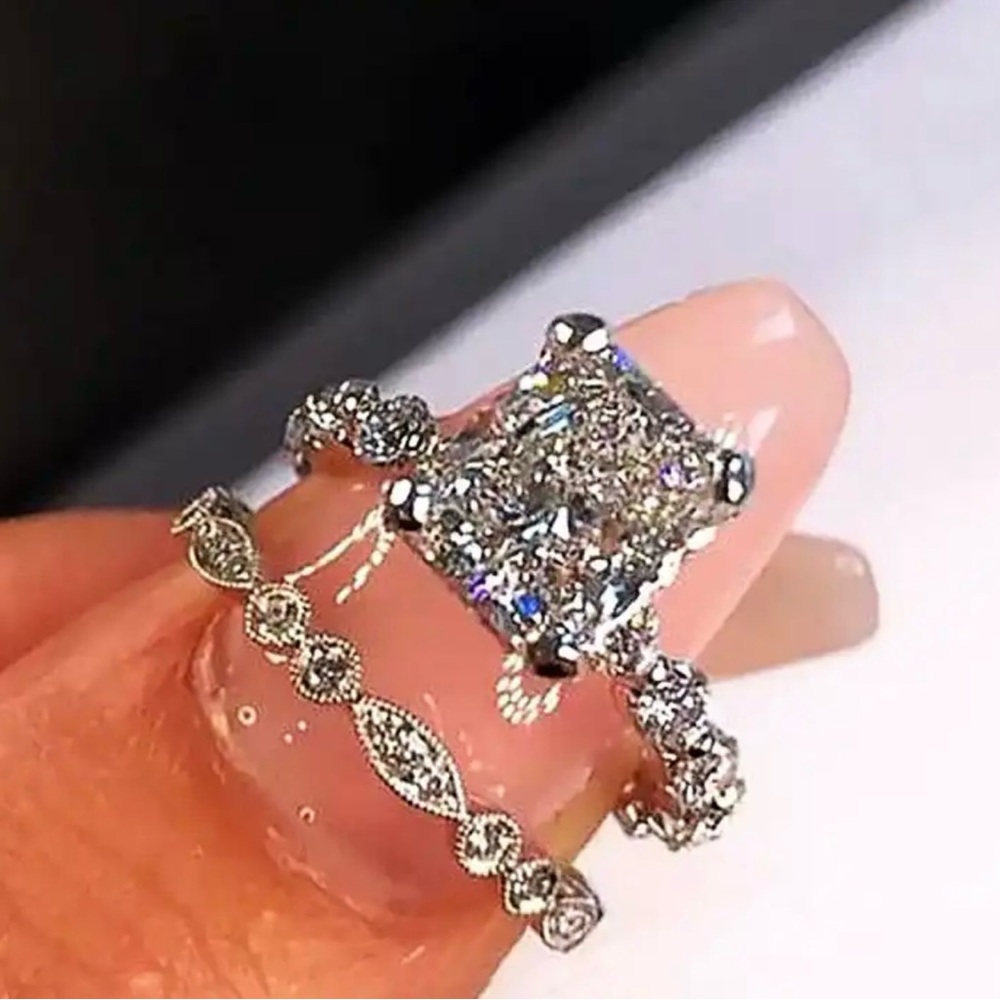 2 Ct Radiant Forever Moissanite Bridal Set in 925 Sterling Silver.  Size 7